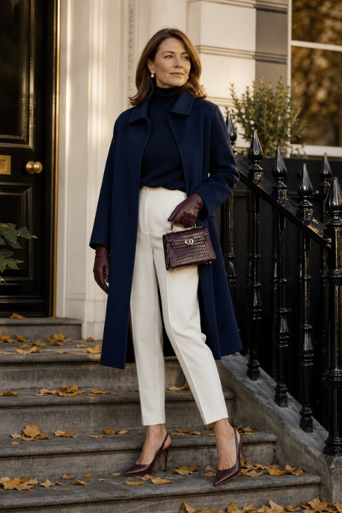 Woman wearing a navy coat with a navy turtleneck, ivory tailored trousers, burgundy leather gloves, matching pumps, and a structured burgundy handbag.