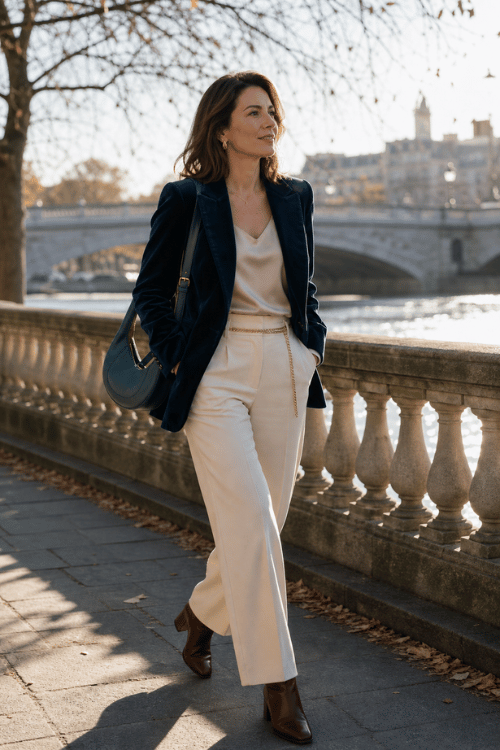 Woman wearing a navy velvet blazer over a champagne satin camisole with ivory wide-leg trousers, brown leather ankle boots, and a navy shoulder bag.