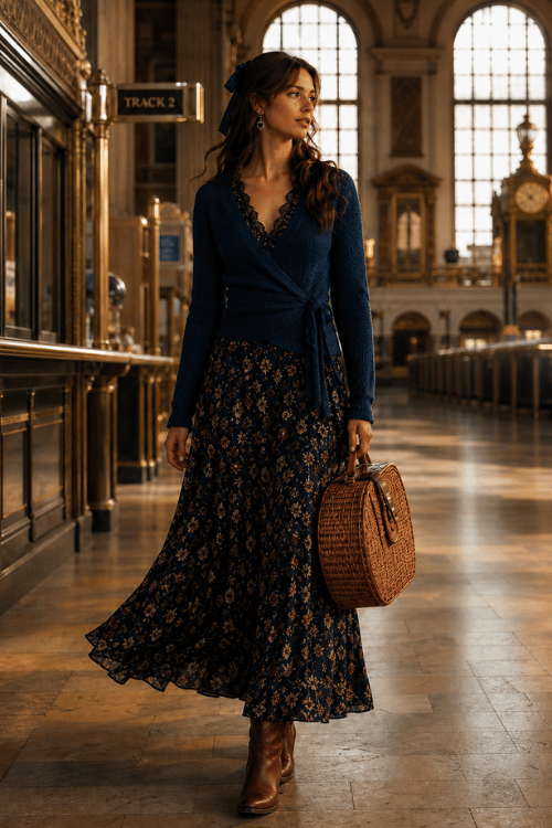 Woman wearing a navy wrap cardigan, floral maxi dress, brown ankle boots, and a wicker handbag.