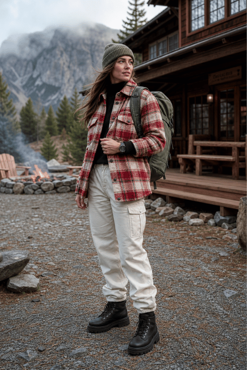 Woman wearing a plaid shacket, black turtleneck, ivory cargo joggers, combat boots, and a backpack outdoors.
