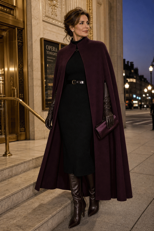 Woman wearing a plum cape coat over a black midi dress with a slim black belt, tall burgundy leather boots, matching gloves, and a burgundy clutch.