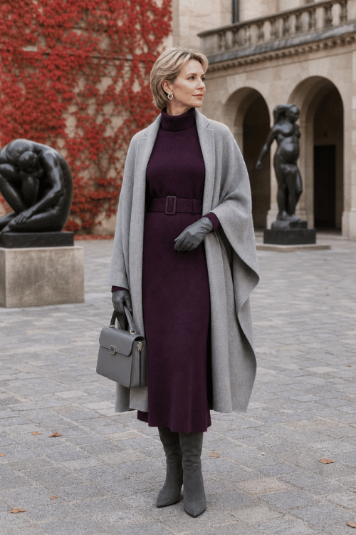 Woman wearing a plum knit dress, gray wrap coat, knee-high boots, gloves, and a gray handbag.