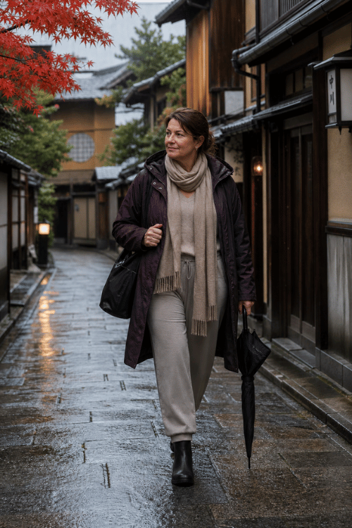Woman wearing a plum rain jacket, beige sweater, joggers, rain boots, scarf, and a black tote.