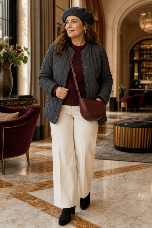 Woman wearing a quilted jacket, burgundy sweater, ivory trousers, ankle boots, and a crossbody bag.