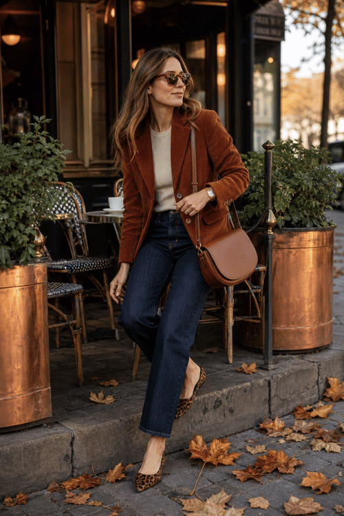 Woman wearing a rust blazer, cream sweater, dark jeans, leopard flats, and a tan crossbody bag.