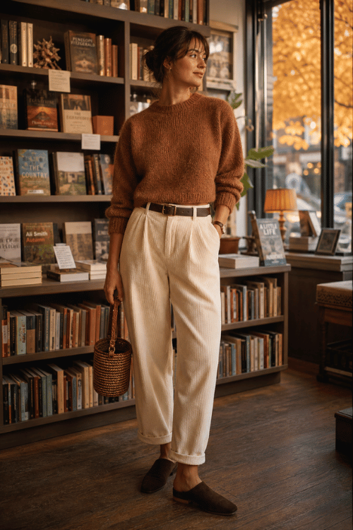 Woman wearing a rust-colored knit sweater with ivory pleated trousers, a slim brown leather belt, brown suede loafers, and a woven bucket handbag.