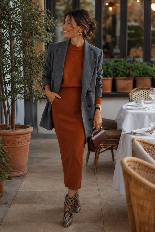 Woman wearing a rust knit midi dress with a gray blazer and snakeskin ankle boots at an outdoor restaurant.