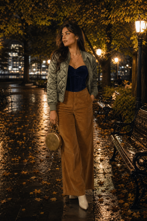 Woman wearing a sage green quilted bomber jacket over a navy velvet corset top with camel wide-leg trousers, white ankle boots, and a round metallic handbag on a city park walkway at night