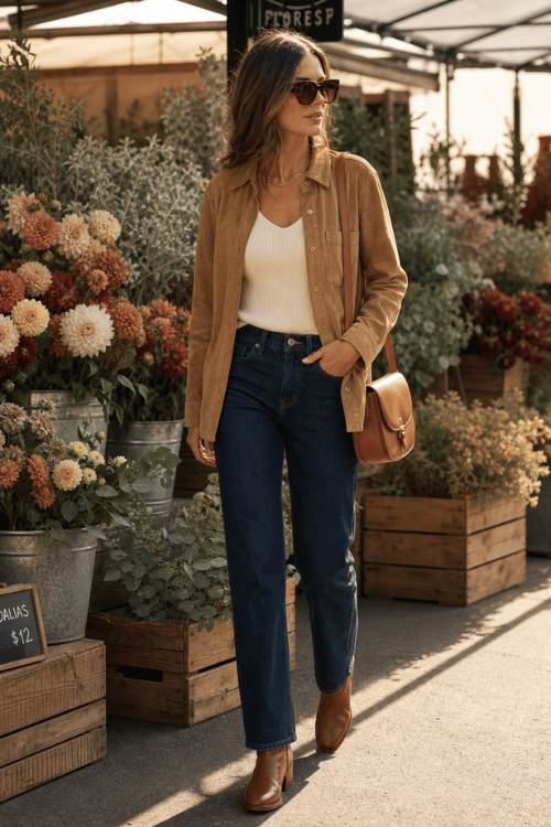 Woman wearing a tan overshirt over a white knit tank with dark blue straight-leg jeans, brown leather ankle boots, sunglasses, and a tan crossbody bag.