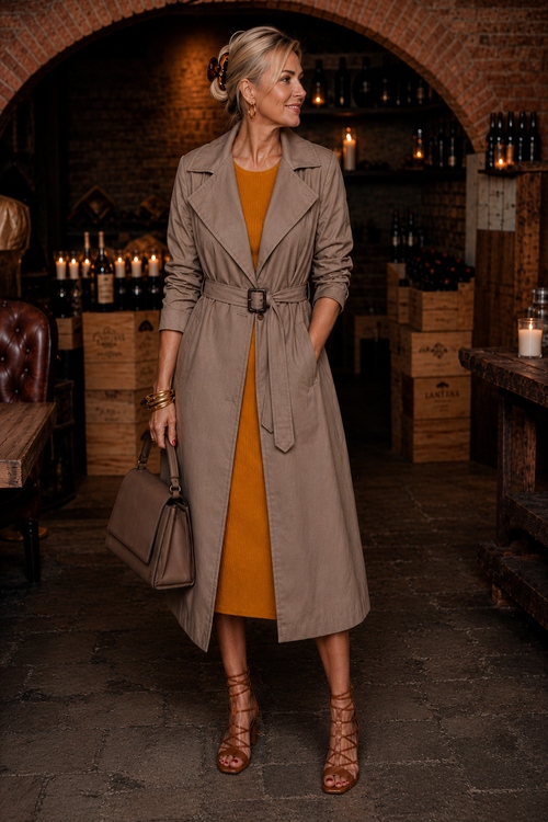 Woman wearing a taupe trench coat over a mustard knit dress with lace-up heels in a wine cellar