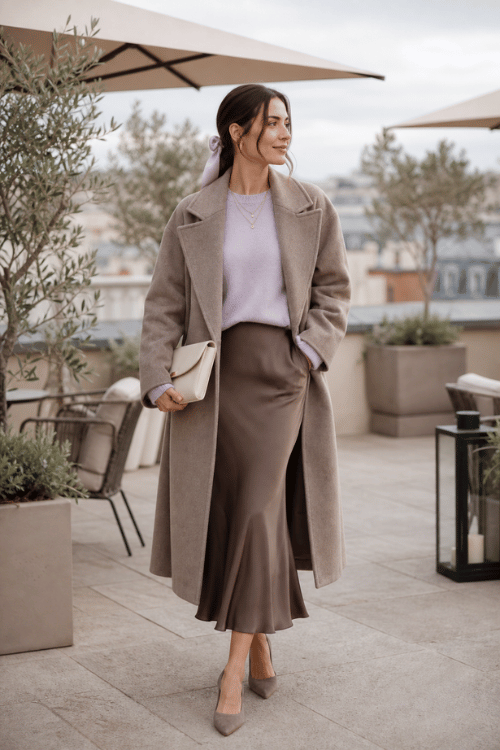 Woman wearing a taupe wool coat over a soft lavender sweater with a chocolate satin midi skirt, taupe suede pumps, and a cream shoulder bag.