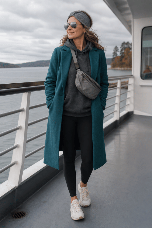 Woman wearing a teal wool coat, hoodie, leggings, sneakers, and a belt bag on a ferry.