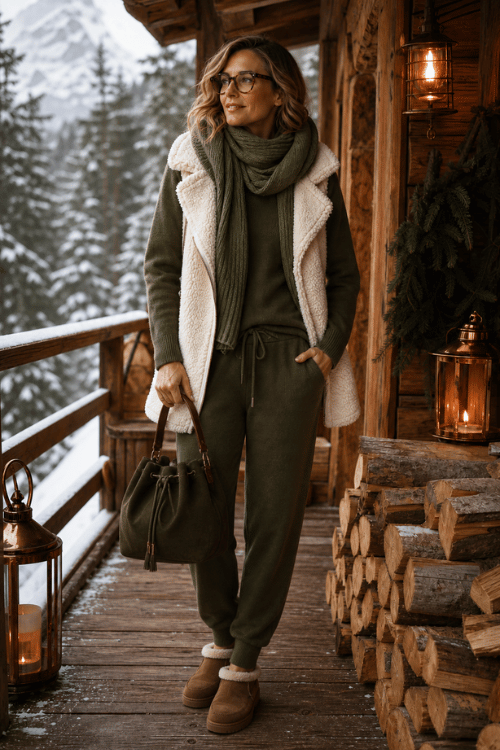 Woman wearing an olive knit lounge set, sherpa vest, scarf, winter slippers, and a bucket bag.