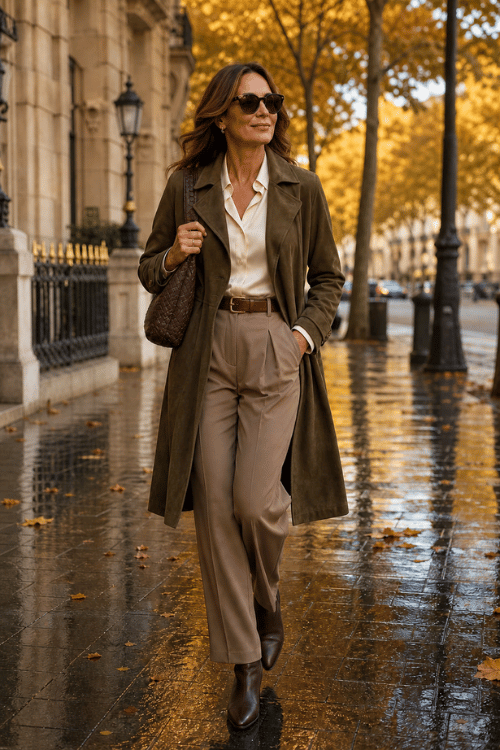 Woman wearing an olive suede trench coat over a cream satin blouse with taupe pleated wide-leg trousers, a brown leather belt, dark brown ankle boots, sunglasses, and a woven brown shoulder bag.