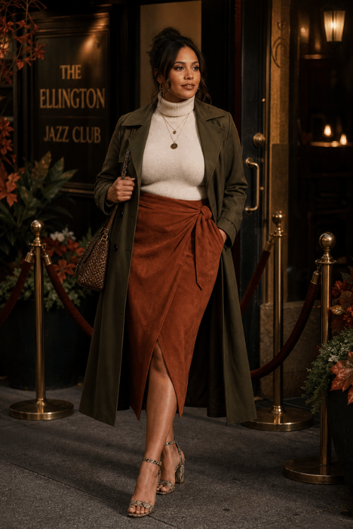 Woman wearing an olive trench coat over a cream turtleneck with a rust wrap midi skirt, embellished strappy heels, and a woven shoulder bag outside a jazz club