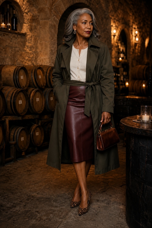 Woman wearing an olive trench coat with a burgundy leather midi skirt and leopard-print heels in a wine cellar
