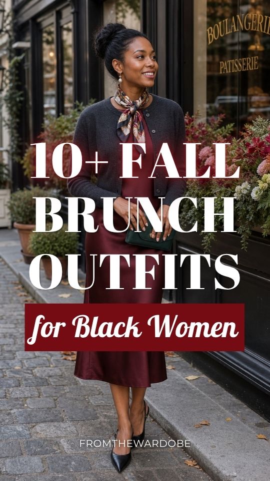 a Black woman in a fall brunch outfit with a gray crop jacket and a burgundy dress, a scarf around her neck