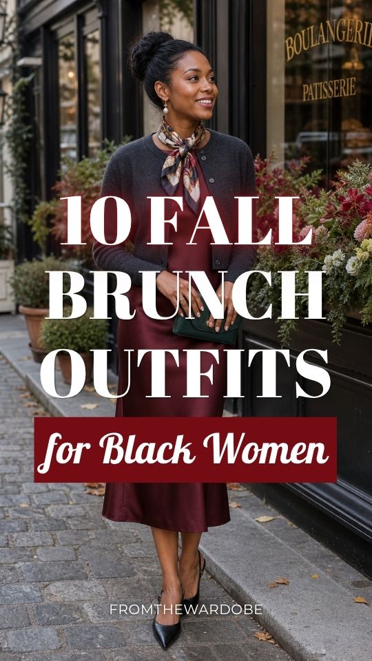 a Black woman in a fall brunch outfit with a gray crop jacket and a burgundy dress, a scarf tied around her neck