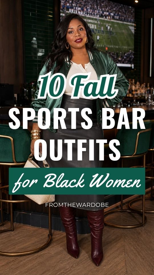 a Black woman in fall sports bar outfit with a green jacket, a white top and a leather skirt, burgundy boots