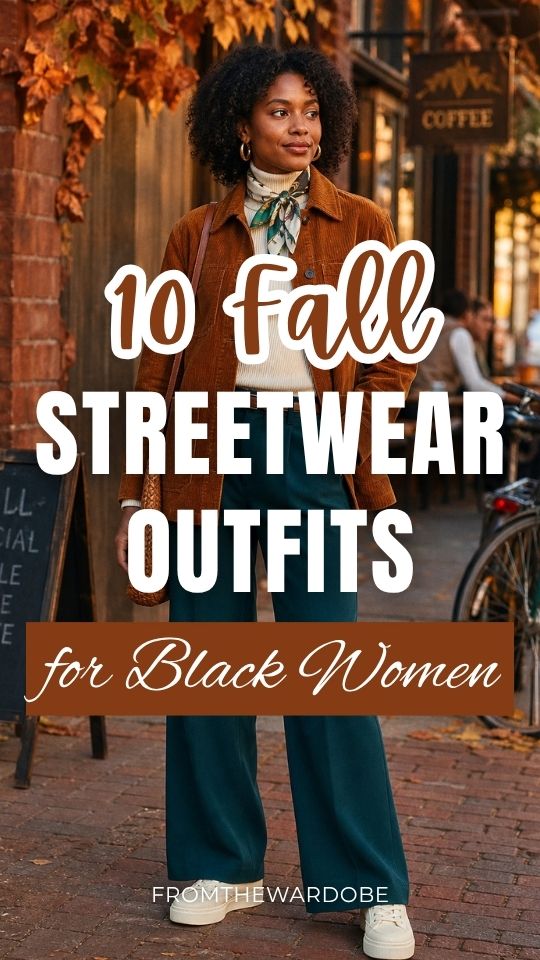 a Black woman wears a fall streetwear outfit with a brown jacket over a cream turtleneck with a patterned neck scarf, teal wide-leg trousers, white sneakers