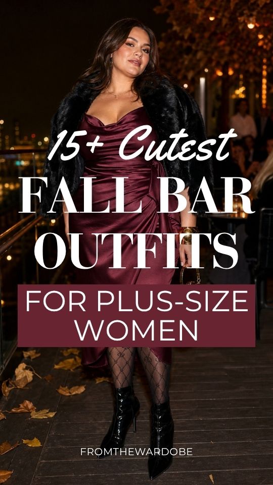 a plus-size woman in a fall bar outfit with a pink dress and a black fur jacket, tights and black boots