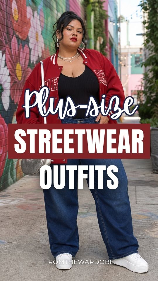 a plus-size woman in a streetwear outfit with a black top, a red jacket, white sneakers and jeans