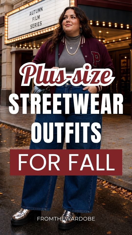 a plus-size woman wears a fall streetwear outfit for NYC with a cardigan layered over a gray top with wide-leg blue jeans, silver platform loafers, layered necklaces