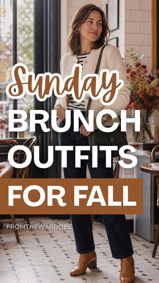a woman in a Sunday brunch outfit for fall with a cream cardigan over a navy and white striped top with dark jeans, tan ankle boots, and a dark green crossbody bag