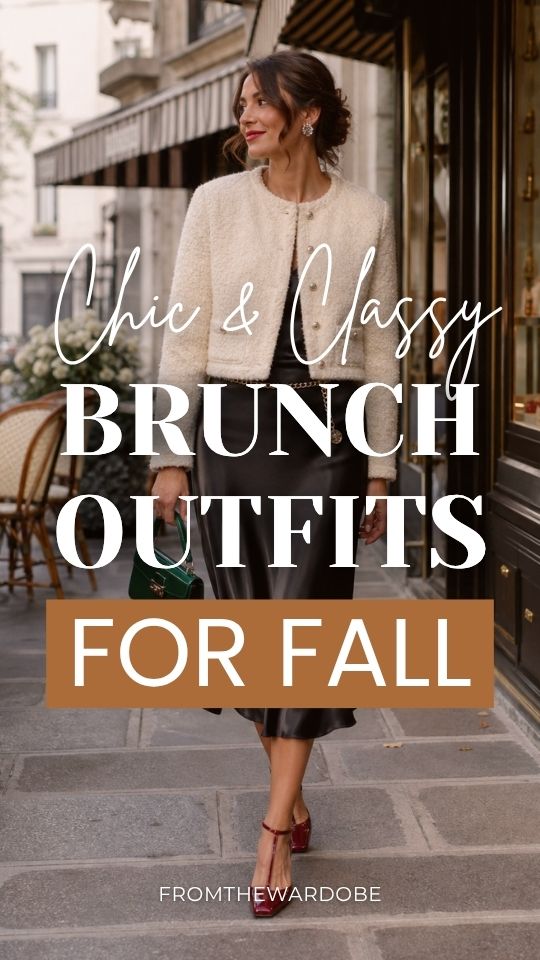 a woman in a classy chic fall brunch outfit with a cream crop jacket, black skirt