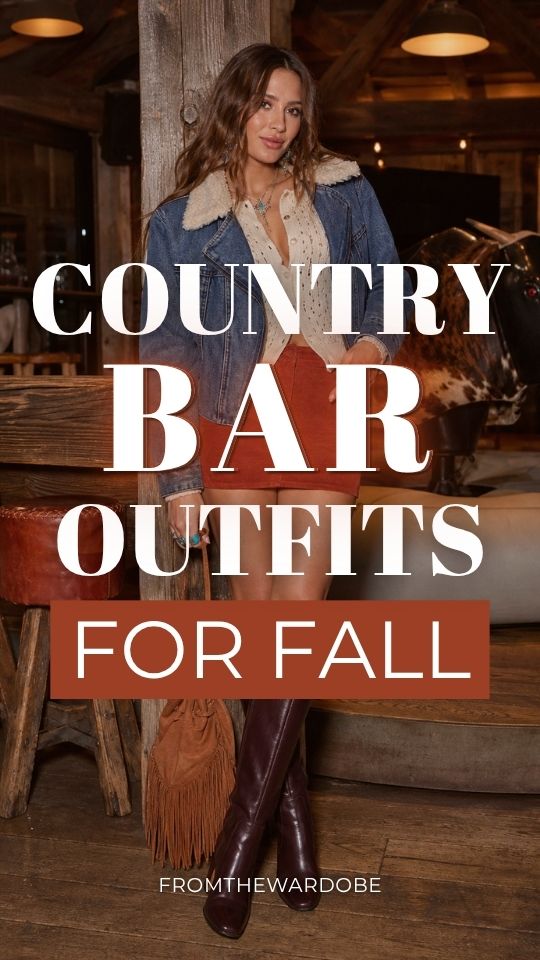 a woman in a country bar outfit with a denim jacket, a white top and a rust skirt