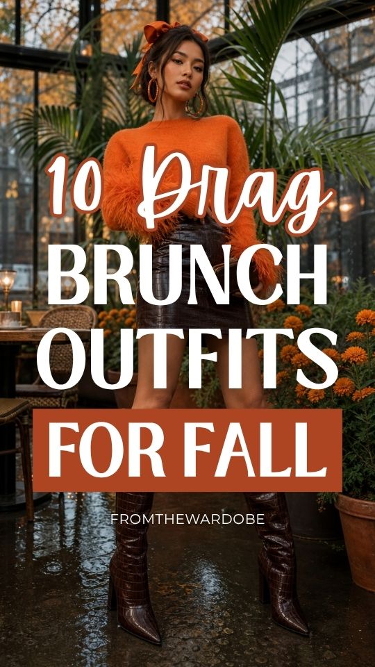 a woman in a drag brunch outfit for fall with an orange feather-trim sweater with a dark brown mini skirt, knee-high boots, hoop earrings, hair bow
