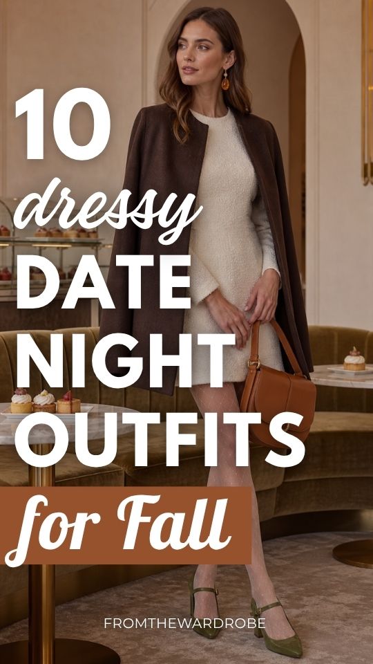 a woman in a dressy fall date night outfit with a cream dress and a coat