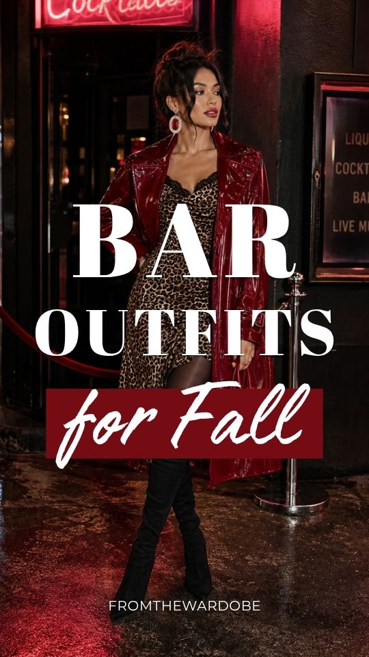 a woman in a fall bar outfits with a red leather trench coat, a leopard print dress and black tall boots