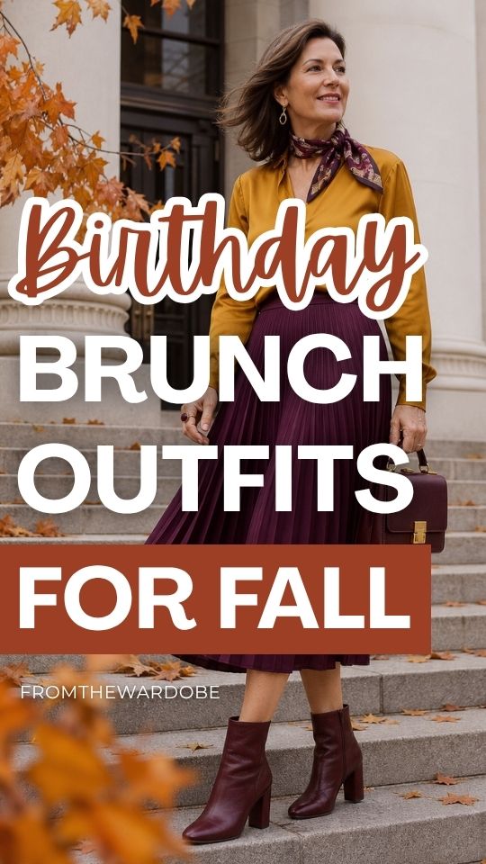 a woman in a fall birthday brunch outfit with a mustard long sleeve blouse and a plum pleasted skirt, matching boots