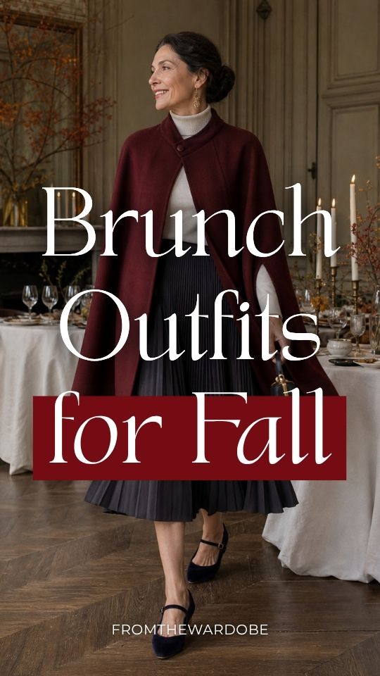 a woman in a fall brunch outfit with a burgundy cape over a cream turtleneck with a charcoal pleated midi skirt, black Mary Jane heels