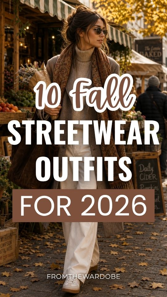 a woman in a fall streetwear outfits with a long taupe coat, beige turtleneck sweater, paisley scarf, white wide-leg trousers, white sneakers, sunglasses