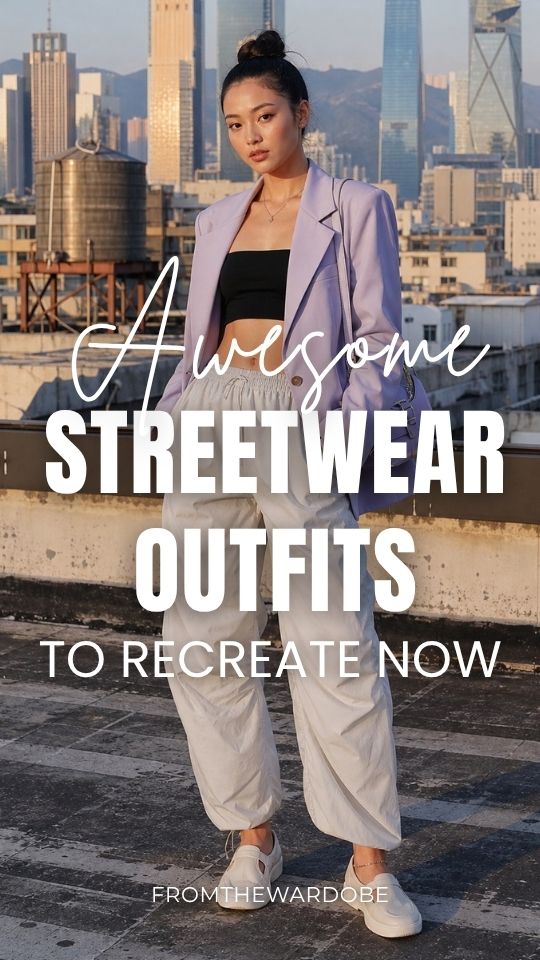 a woman in a streetwear outfit with a black crop top, a lavender blazer and jogger pants