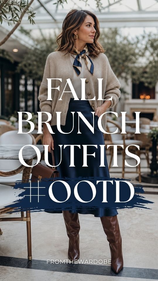a woman in an ootd fall brunch outfit with a beige cardigan, white blouse, navy skirt and boots