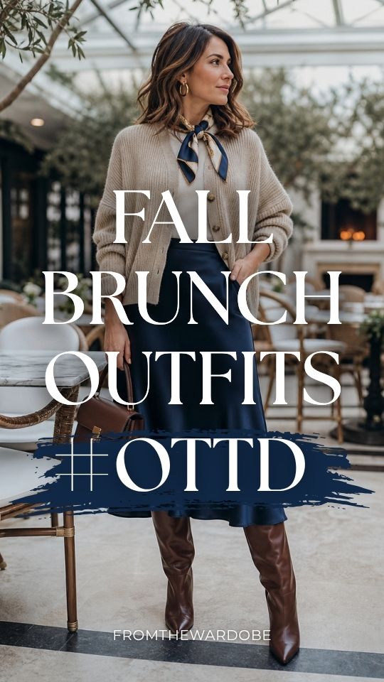 a woman in an ootd fall brunch outfit with a beige cardigan, white blouse, navy skirt and boots