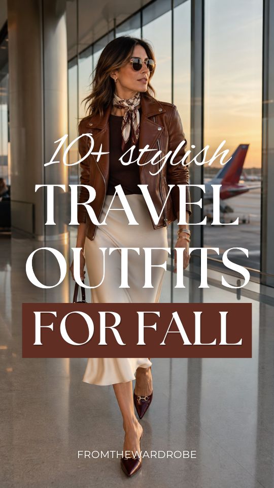 a woman in fall travel outfit with a black top and satin skirt and a leather jacket