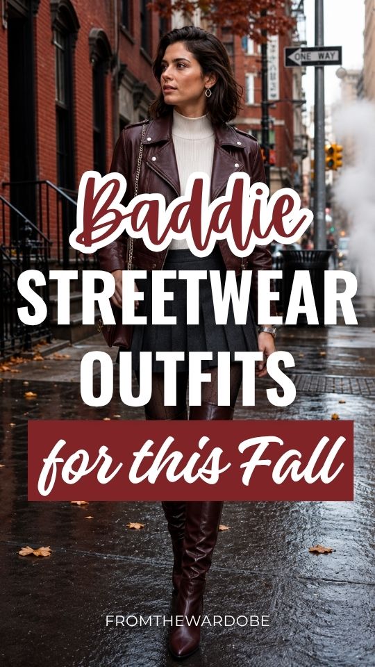 a woman wears a baddie fall streetwear outfit with a burgundy leather jacket, white ribbed turtleneck, charcoal pleated mini skirt, sheer tights, and burgundy boots