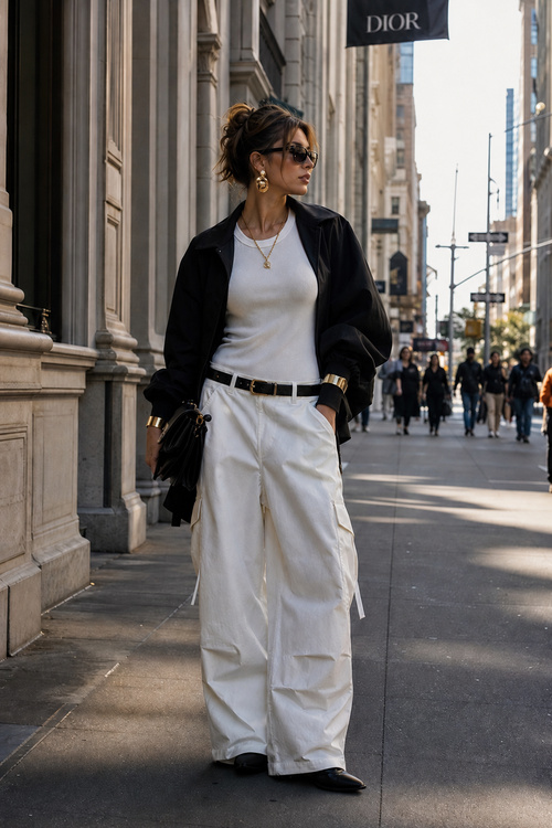 a woman wears a black jacket with white cargo pants and gold jewelry