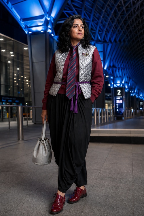 a woman wears a burgundy sweatshirt with a silver quilted vest, striped tie, black draped pants, burgundy shoes, and a silver handbag