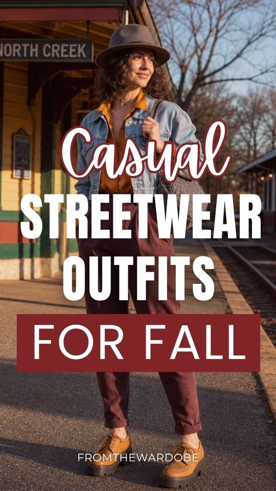 a woman wears a casual fall streetwear outfit with a cropped denim jacket over a warm-toned top with burgundy trousers, tan platform boots, a dark fedora