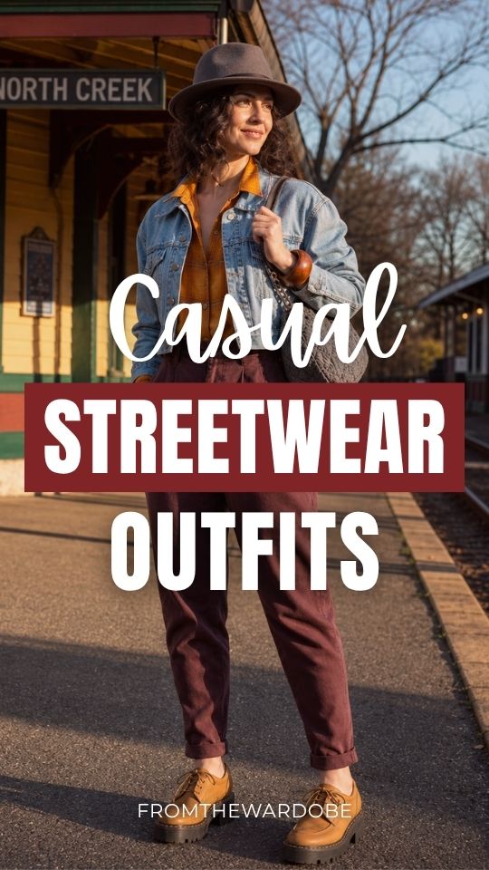 a woman wears a casual streetwear outfit with a cropped denim jacket over a warm-toned top with burgundy trousers, tan platform boots, a dark fedora