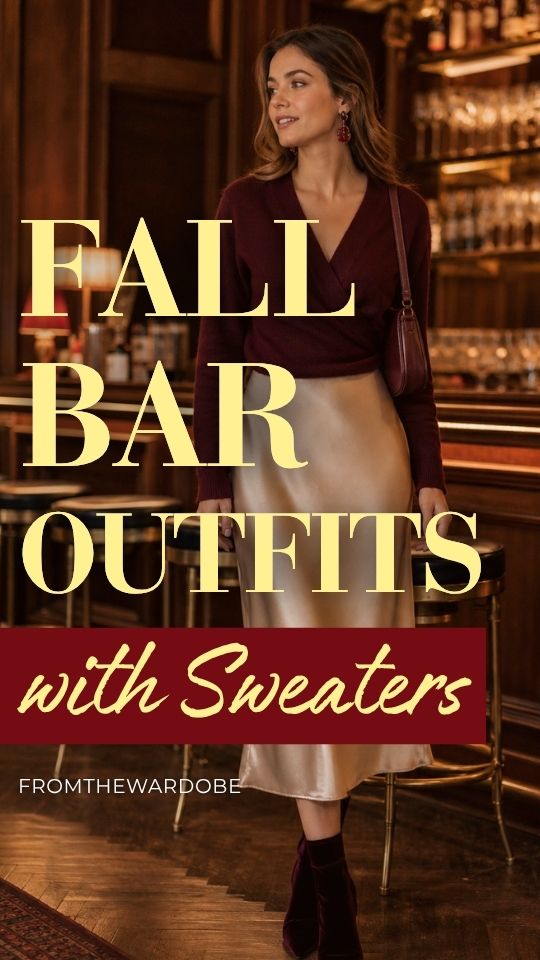 a woman wears a fall bar outfit with a sweater and a satin skirt