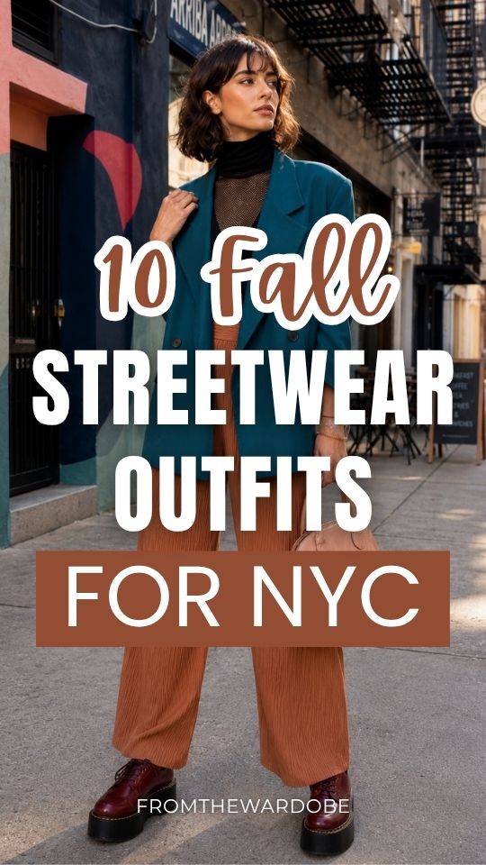a woman wears a fall streetwear outfit for NYC with a teal blazer over a black high-neck top with rust wide-leg trousers, burgundy platform shoes