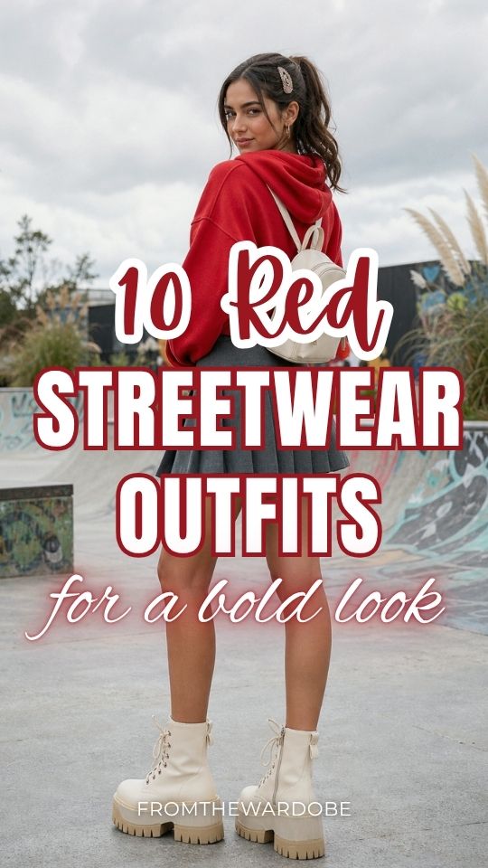 a woman wears a red streetwear outfit with a red hoodie, a pleated skirt and platform boots