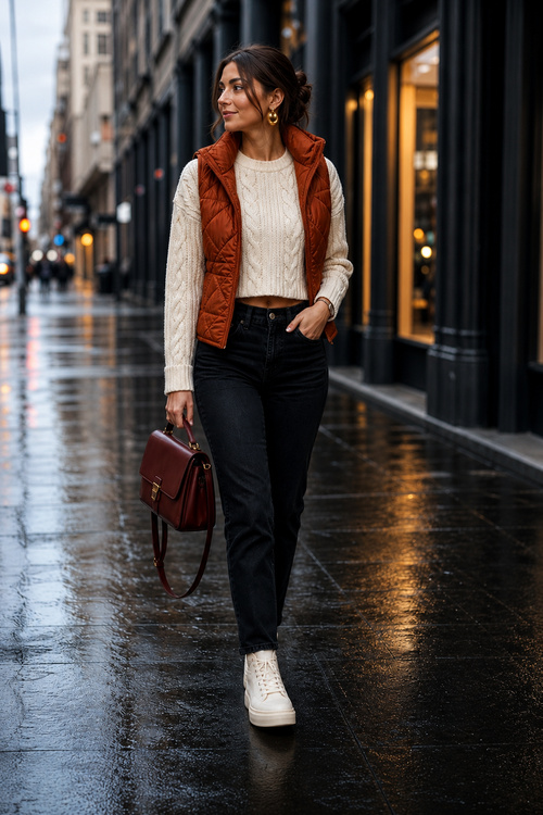 a woman wears a rust quilted vest with a cream cable knit sweater and black jeans