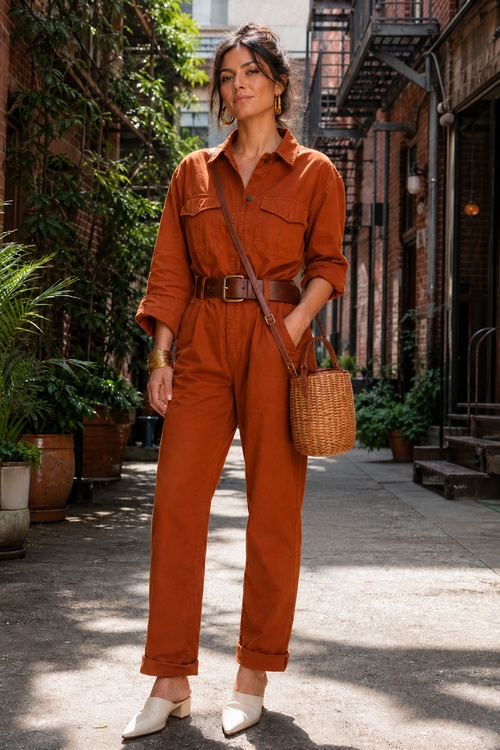 a woman wears a rust utility jumpsuit with white mules and a woven bucket bag